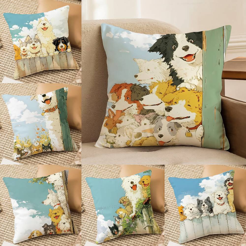 Niedliche Hunde Einladung Spiel Kissenbezug Komfort Sofa Bett Seidig elegant Verdeckter Reißverschluss Dekorative Kissenhülle
