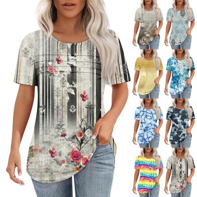 T-Shirts für Damen, plissiert, Rundhalsausschnitt, elegant, lässig, Blusen, bedruckt, kurzärmelig, Sommeroberteile, lockere Passform