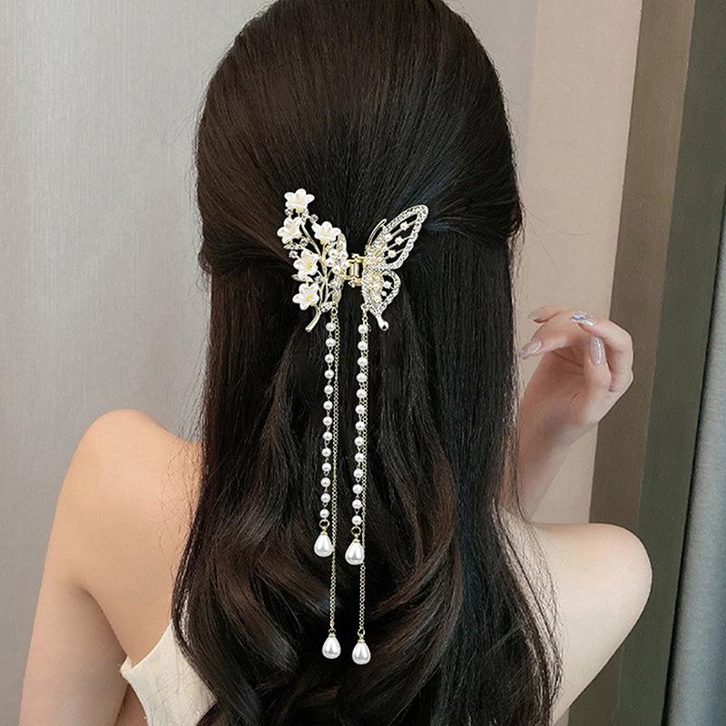 Butterfly Tassel Pearl Hair Claw Red Flower Festival Hairpin For Girls Ponytail Hair Clips Crab Women  Accessories Gifts