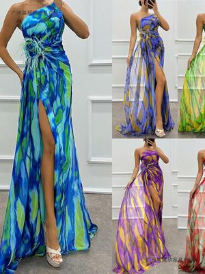 2026 European Chiffon Printed Split Long Casual Party Dress for Women