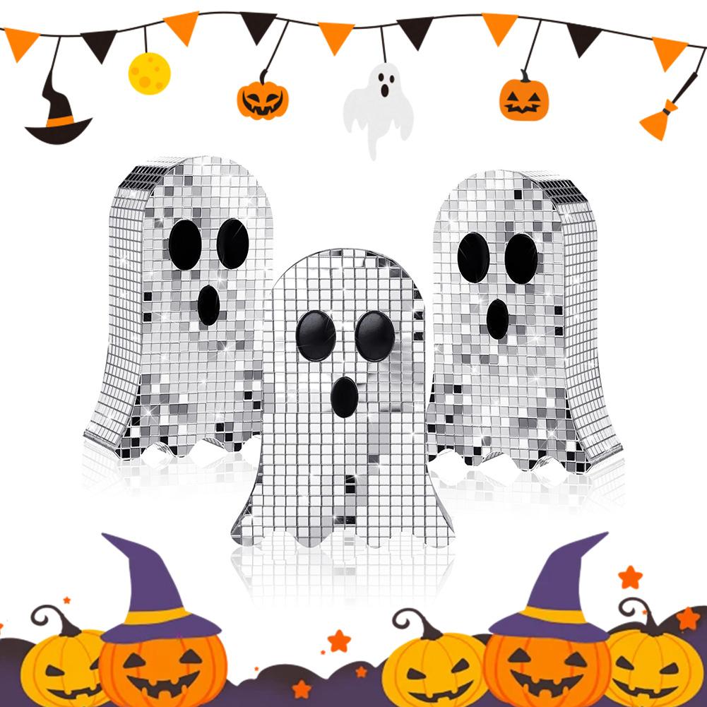 3Pcs Halloween Ghost Disco Ball Table Decoration 6inch Mosaic Horror Table Centerpiece Ghost Tiered Tray Decor for Party Gift
