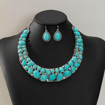 Vintage Western Turquoise Choker Necklace Earring Set Alloy Retro Boho Jewelry Women