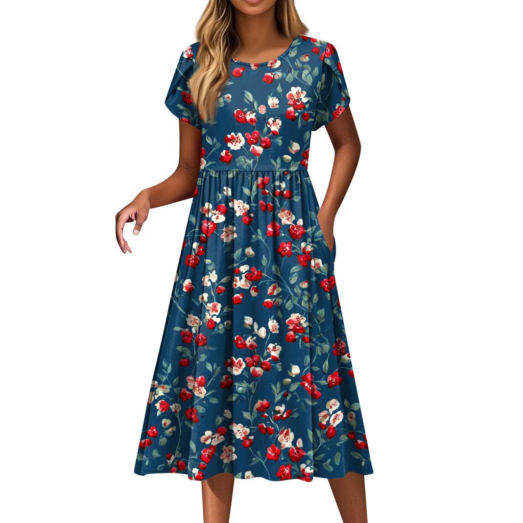 Women's Fashion Casual Loose Floral Print Round Neck Pocket Short Sleeve Dress
