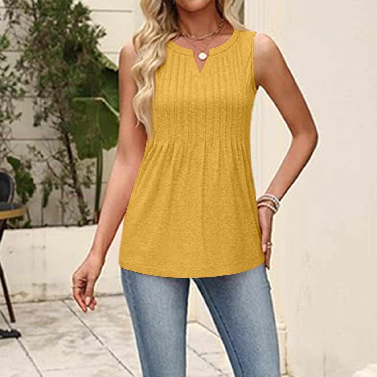 

Women s Fashionable V-neck Loose Casual Pleated Sleeveless Vest Top XL жовтий