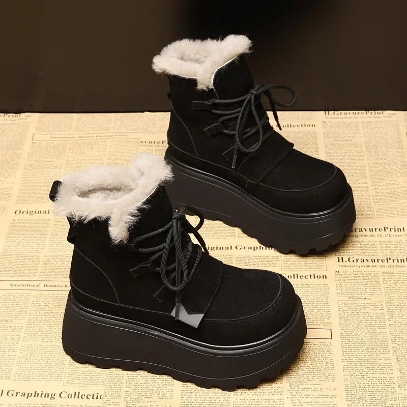 

Модные 7 см Замшевые Коровья Натуральная Кожа Платформа Танкетка Ботильоны Этнические Балетки Зима Плюш Осень Весна Леди Женские Ботинки Обувь 34 чёрный