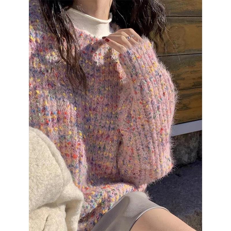 

Autumn and winter rainbow soft waxy milk top gentle color point loose versatile women s knitted sweater lazy wind sweater tide One size
