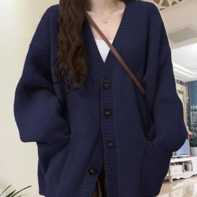 Women's Sweater Coat Autumn Winter Korean Loose Navy Blue Dopamine Knit Cardigan
