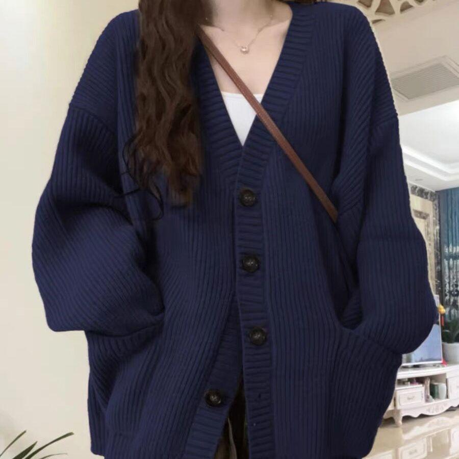 

Women s sweater coat autumn winter Korean loose navy blue dopamine knit cardigan S