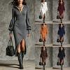 Women Ribbed Knit Half Zip Lantern Sleeve High Slit Midi Dress Solid Color Casual Slim Fit Dress