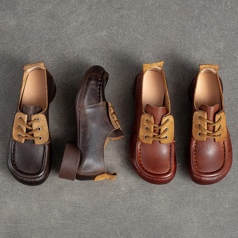 Johnature Genuine Leather Comfortable Women Pumps Retro Handmade Soft Sole Round Toe Versatile Low Heel Shoes