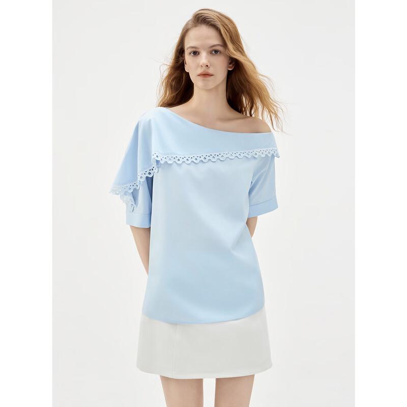 ELLE Hollow Lace Asymmetric Shoulder Blouse