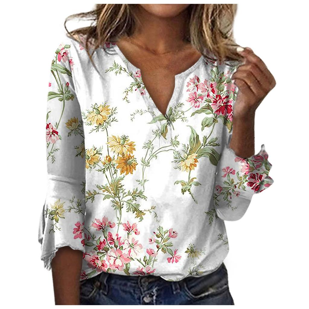 Women's Fashion V-Neck Print 3/4 Sleeves Print T-Shirt Slim Top Casual Tops