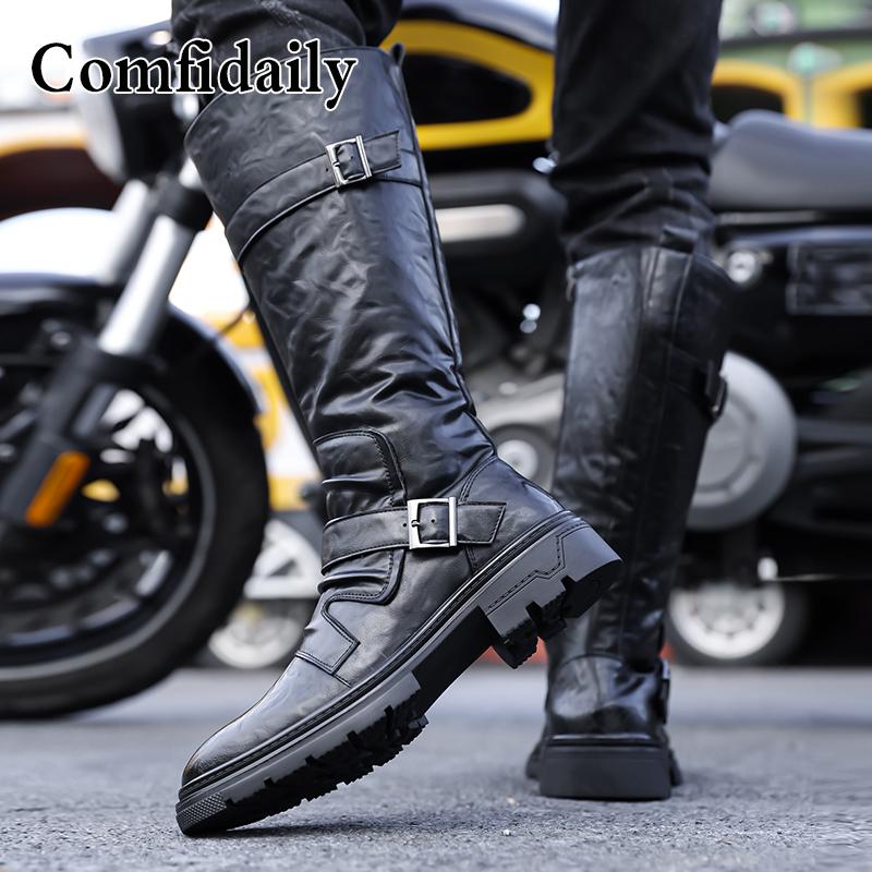 Stivali da Motociclista da Uomo Stivali Western Stivali da Jockey Neri Stile Streetwear Casuale Stivali Alti Cool Taglie Forti