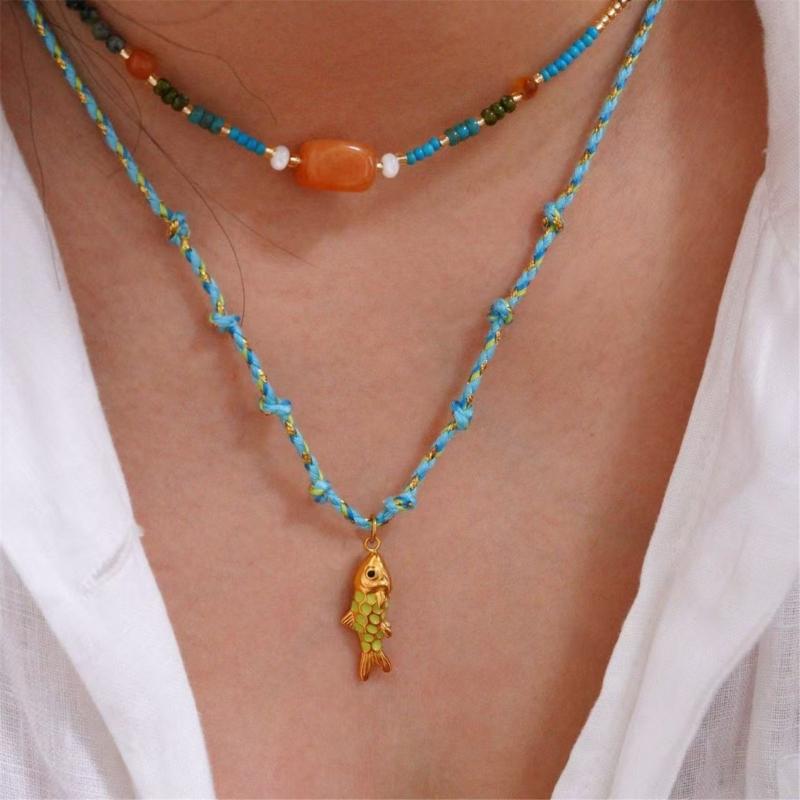 Everyday Wear Fish Charm Necklace Handwoven Colorful Rope Chain Adjustable Rope Jewelry Stainless Steel Pendant Necklace