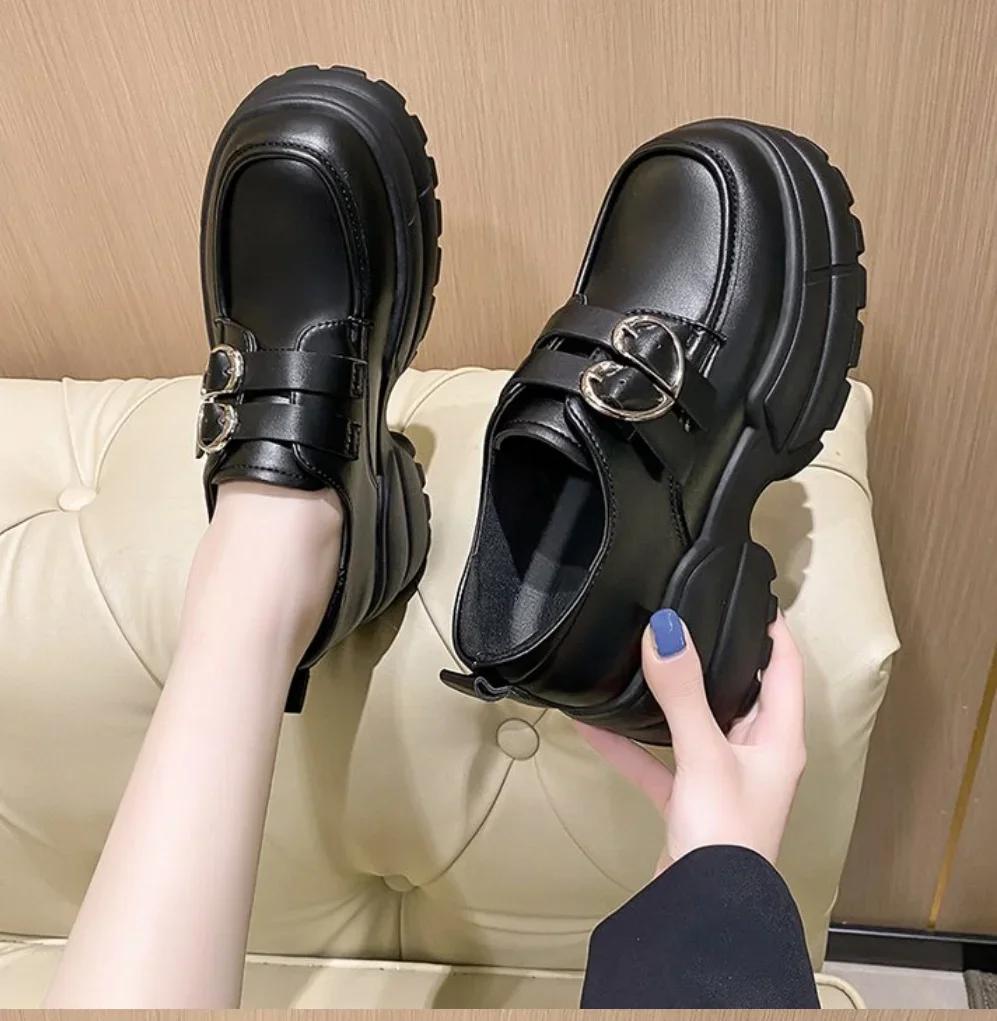 Fashion 2024 Autumn Loafers Women High Platform 7CM Shoes Women's Thick Sole PU Leather British Metal Buckle Simple Mary Jane Shoes