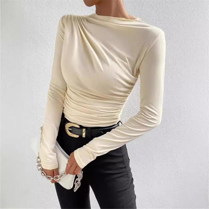 Fashion Long Sleeved Pleated Slim Fit Women T-shirt Solid Color Elegant Half Turtleneck Slim-fit Bottoming Tees Shirt Female Solid Color Basic Tops