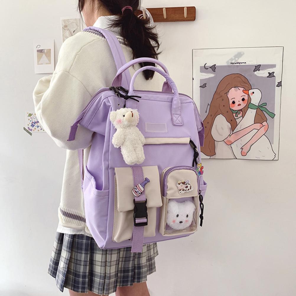 Cute Backpack with  Accessories Lightweight Large Capacity Student Book Bag School Bag Daypack for Outdoor Travel