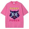 Power Cat Print Wash Women's T-Shirt Oversized Y2K Trend Hip Hop Retro Short Sleeve Harajuku Casual Top Summer