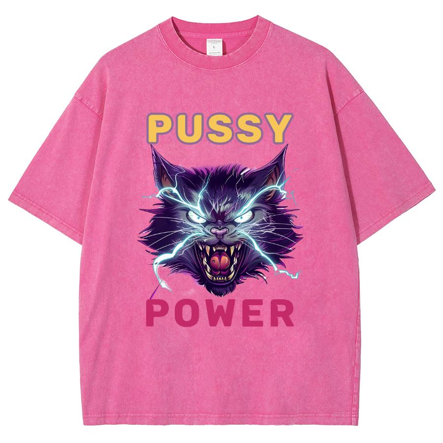 Power Cat Print Wash Women's T-Shirt Oversized Y2K Trend Hip Hop Retro Short Sleeve Harajuku Casual Top Summer