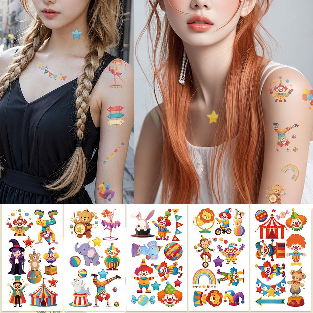 10 arkuszy Kreskówkowe Zwierzęta Cyrkowe Klaun Naklejki Tatuaże Na Rękę Ramię Ciało Tymczasowe Wodoodporne Naklejki Tatuaże Kreatywne Prezenty dla Dzieci