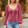 Women's Velvet Long Sleeve Tie-Front Blouse for Casual Everyday Wear