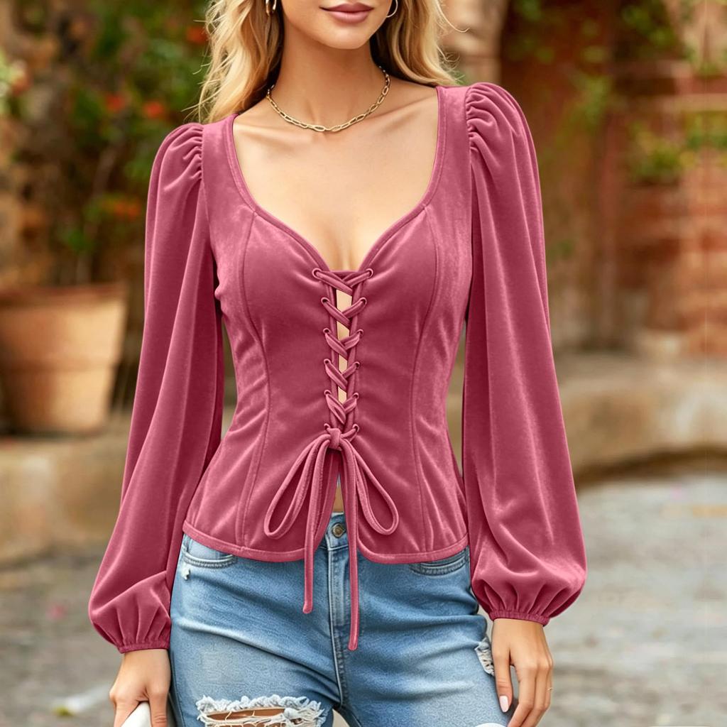 Women's Velvet Long Sleeve Tie-Front Blouse for Casual Everyday Wear
