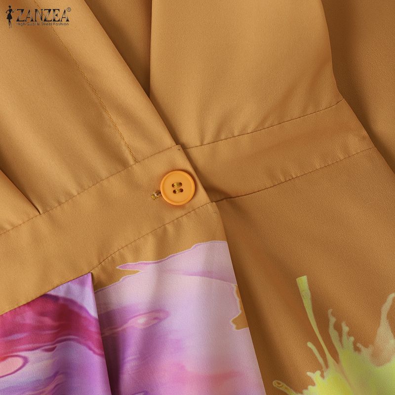 ZANZEA Women Turn Down Collar Loose Casual Long Sleeve Print Shirt Dress