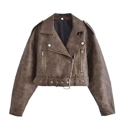 Spring Autumn Women Faux Pu Leather Short Jacket with Belt Motorcycle Biker Female Zipper Lapel Loose Coat Outwear