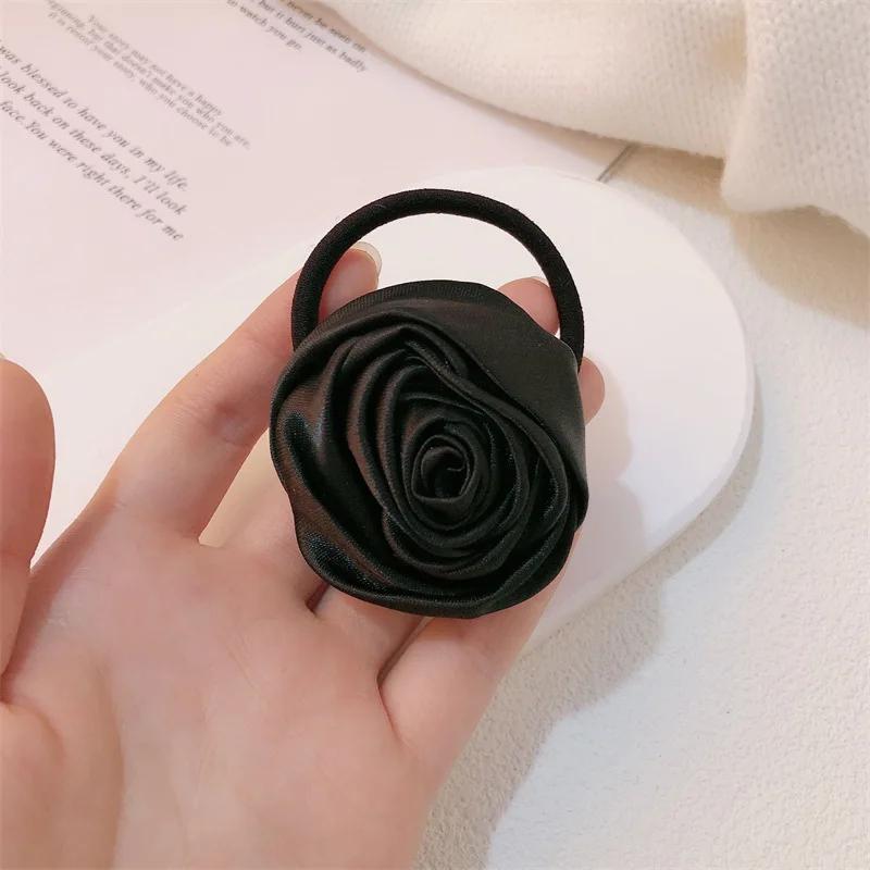French Satin Rose Flower Scrunchies Hair Tie for Women Girls Korean Sweet Floral Ponytail Elastic Hair Band Head Rope Headdress