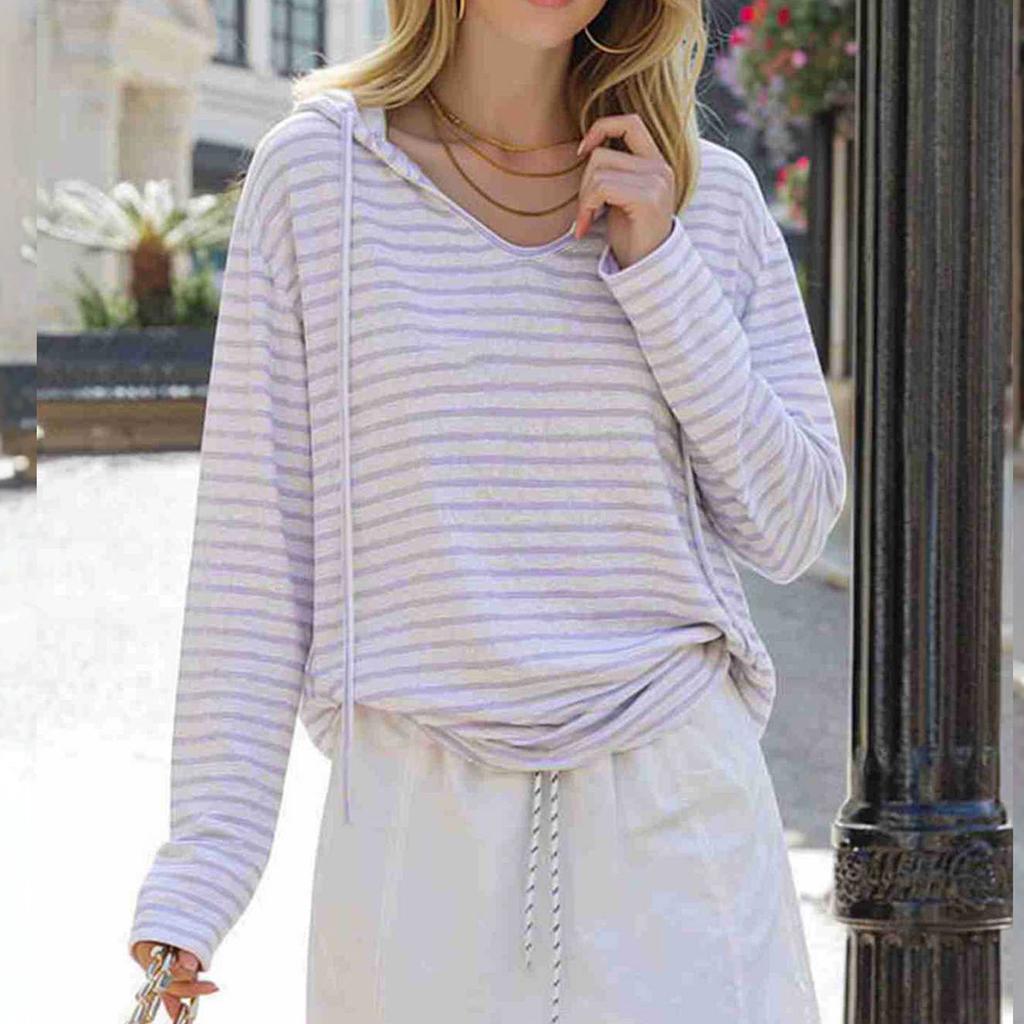 Women's Casual V-Neck Hooded Long Sleeve Striped Loose Fit Pullover Top