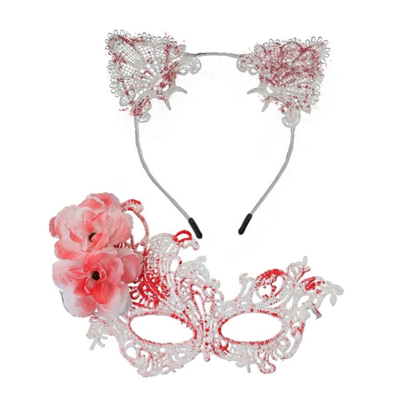 Elegant Lace Half Face Mask with Detachable Cats Ear Headband Hair Decors for Halloween Cosplay Costume Parties