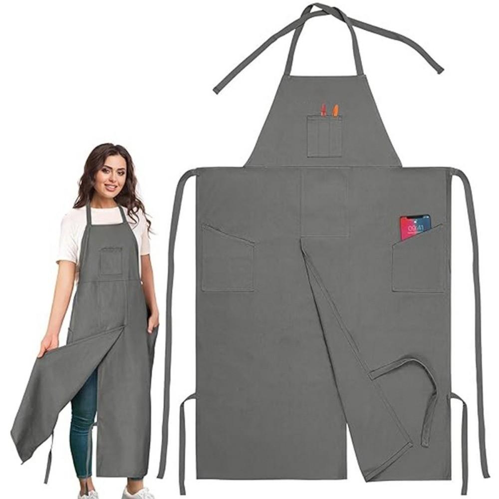 3 Pockets Full Coverage Pottery Apron Adjustable Gardening Pinafore Split Leg Apron  Full Coverage