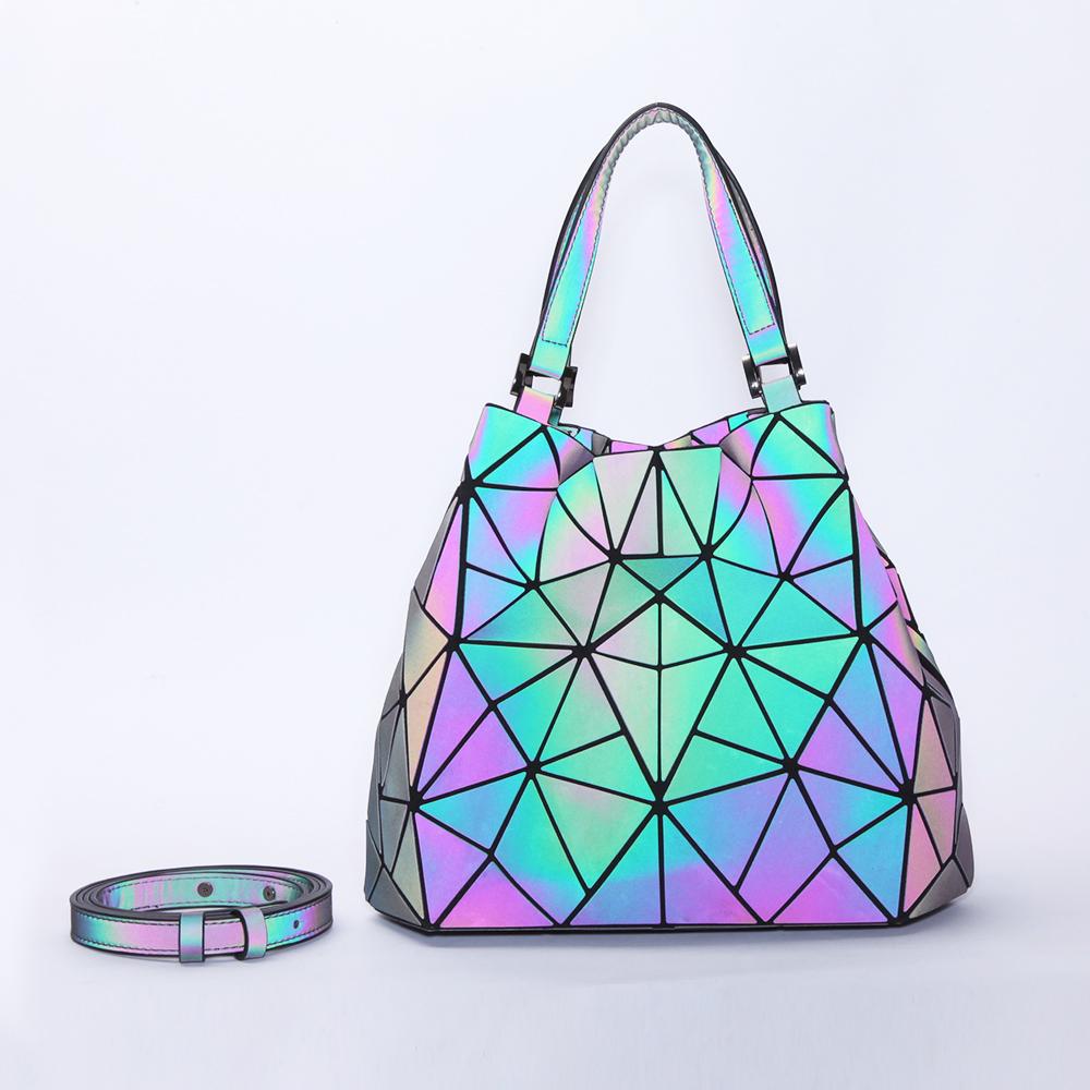 Bolsa feminina geométrica diamante bolsa de ombro dobrável bolsa balde luminosa laser holográfica
