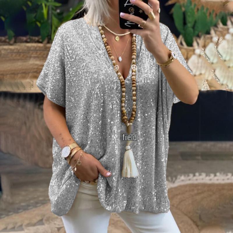 

Европейская/Американская Летняя 2024 Футболка с V-образным вырезом и пайетками: Женский повседневный топ с коротким рукавом свободного кроя XL
