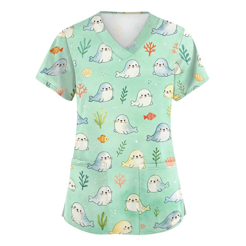 Women's V Neck Short Sleeve Work Top with Pockets Animal Print Medical Scrub Shirt for Caregivers Nurse Uniform