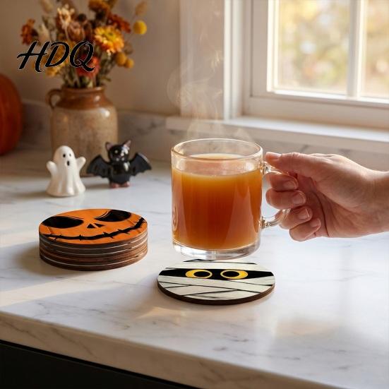Kitchen Dining Accessories Halloween Wooden Coasters, Decorative Drink Heat Resistant Table Mats Decor for Coffee Mugs, Waterproof Party Home Holiday