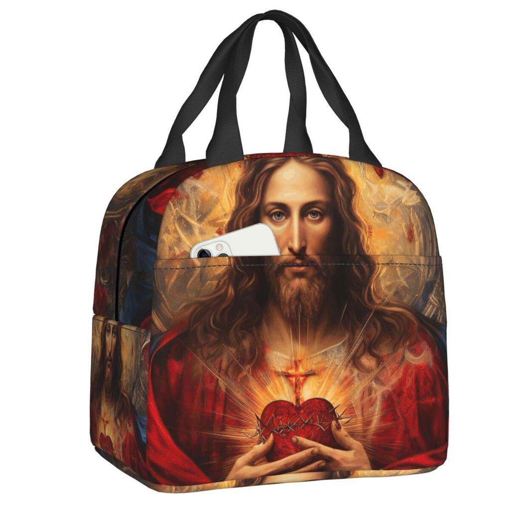 Custom Sacred Heart Of Jesus Lunch Bag Women Thermal Cooler Insulated Lunch Box for Kids School Children