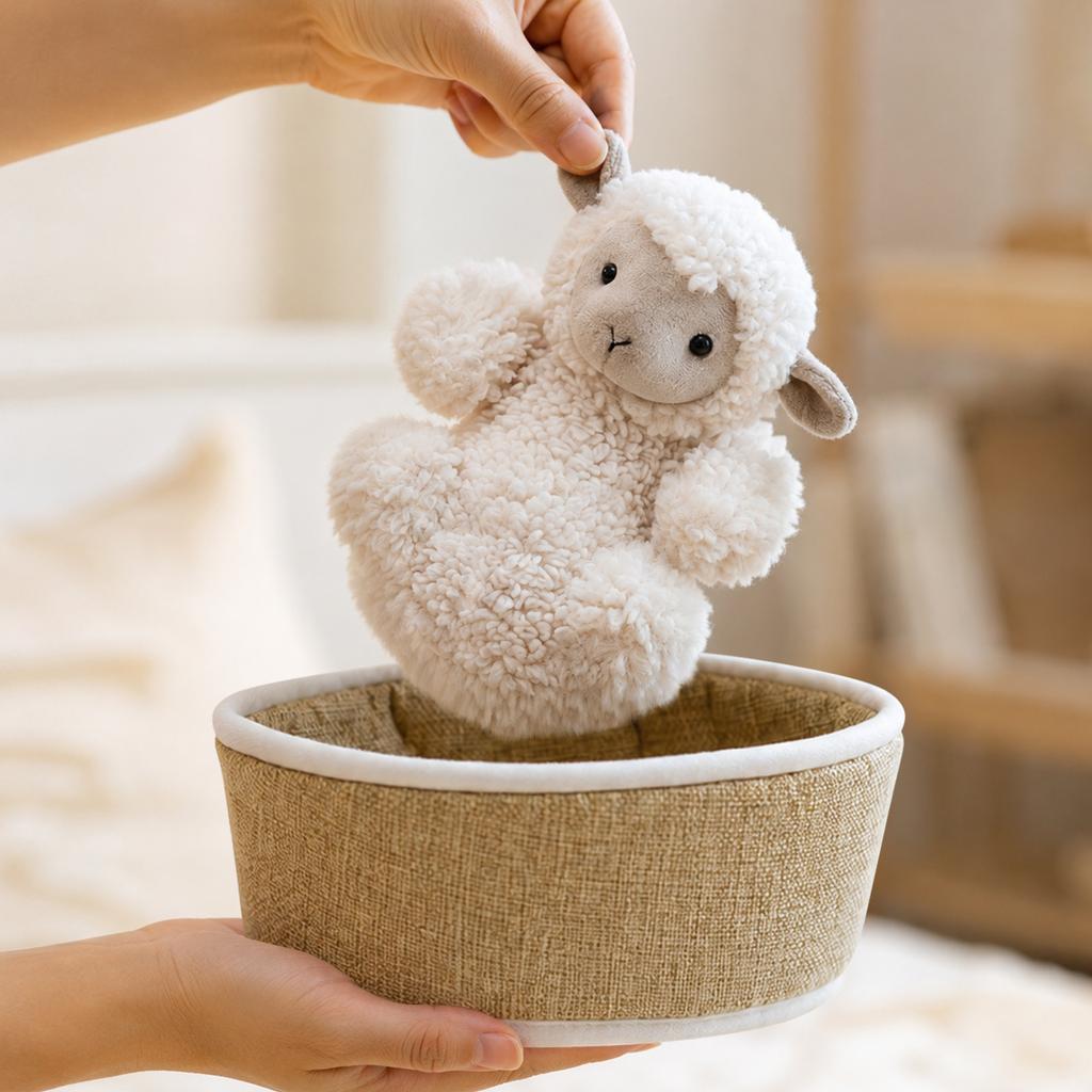Plush Stuffed Animal Toy with Woven Basket Bed for Children's Gift Decorative Soft Doll