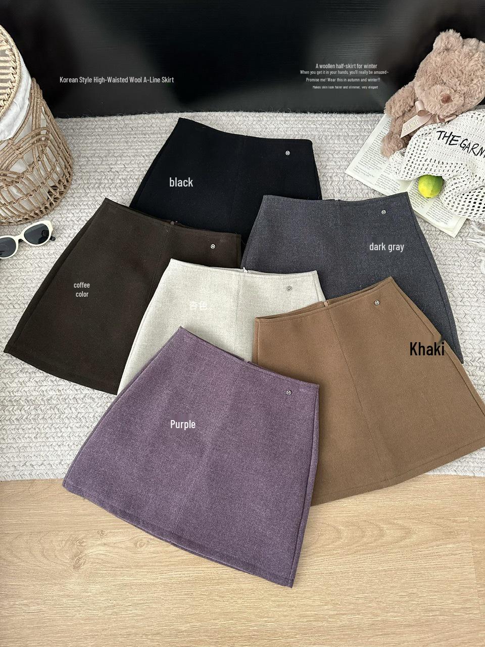 CHAO Women s High Waist Wool A-line Skirt - Autumn/Winter Slimming and Versatile Short Skirt Large хаки