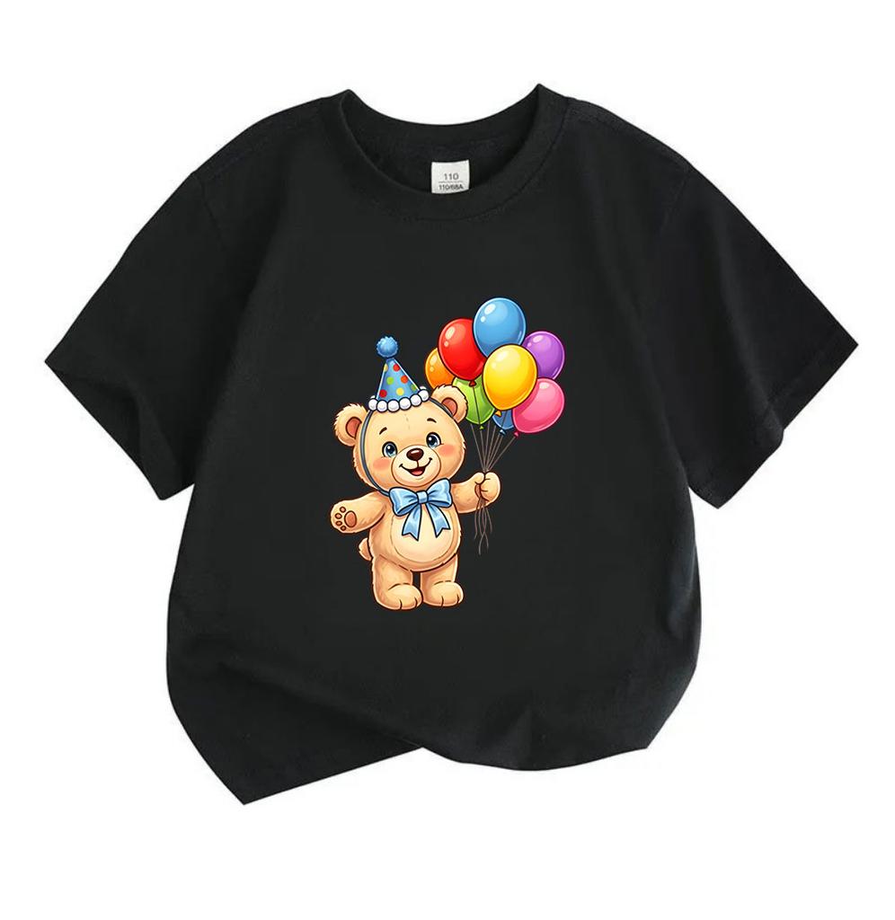 Kids Boys Girls 100% Cotton Crew Neck Short Sleeve T-Shirt Cute Birthday Teddy Bear With Colorful Party Balloons Print Casual Soft Tee Shirt For Daily