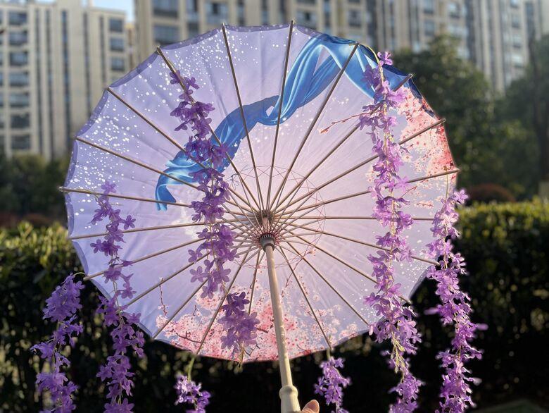 Fioletowy Lawendowy Anime Parasol z Wentylatorem Wiatroodporny Na Plażę Taniec Cosplay Parasol z Papieru Olejnego Parasol Hanfu