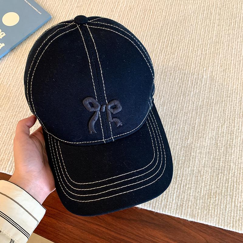Hat Female original versatile sweet bow embroidered baseball cap spring and summer plaid cap showing small face
