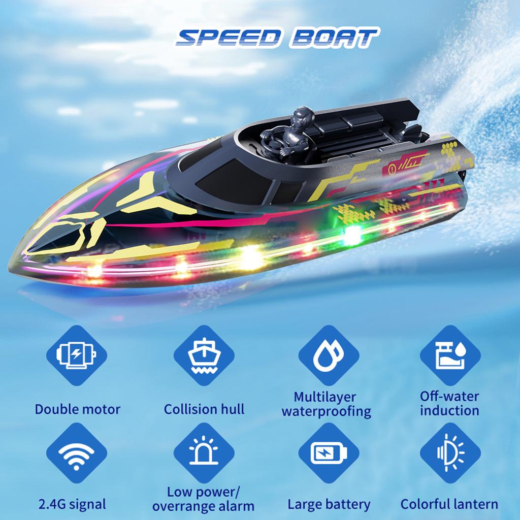 Remote Control Boat for Pools and Lakes, 2.4G Speed Boat Toy with LED Lights, Low Battery Alert for Adults and Kids