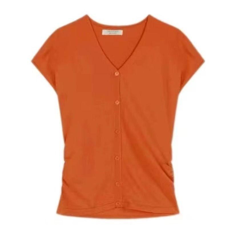 

Женский трикотажный кардиган с коротким рукавом и V-образным вырезом в французском стиле - Летний укороченный базовый топ, подчеркивающий талию Extra Large тыква