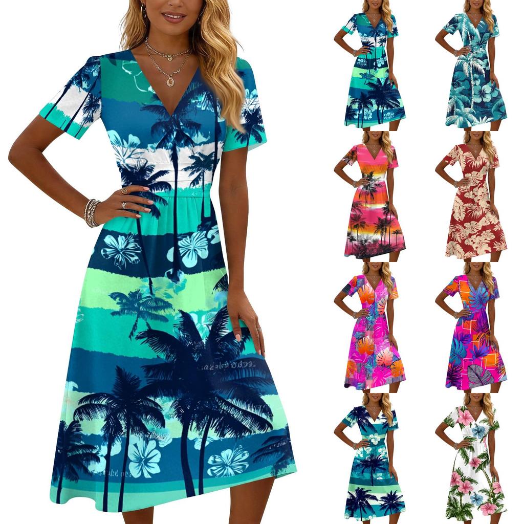 Vestido Midi de Manga Corta con Cuello en V para Mujer con Estampado de Hojas Tropicales Tejido Ligero Casual de Corte Holgado para Verano