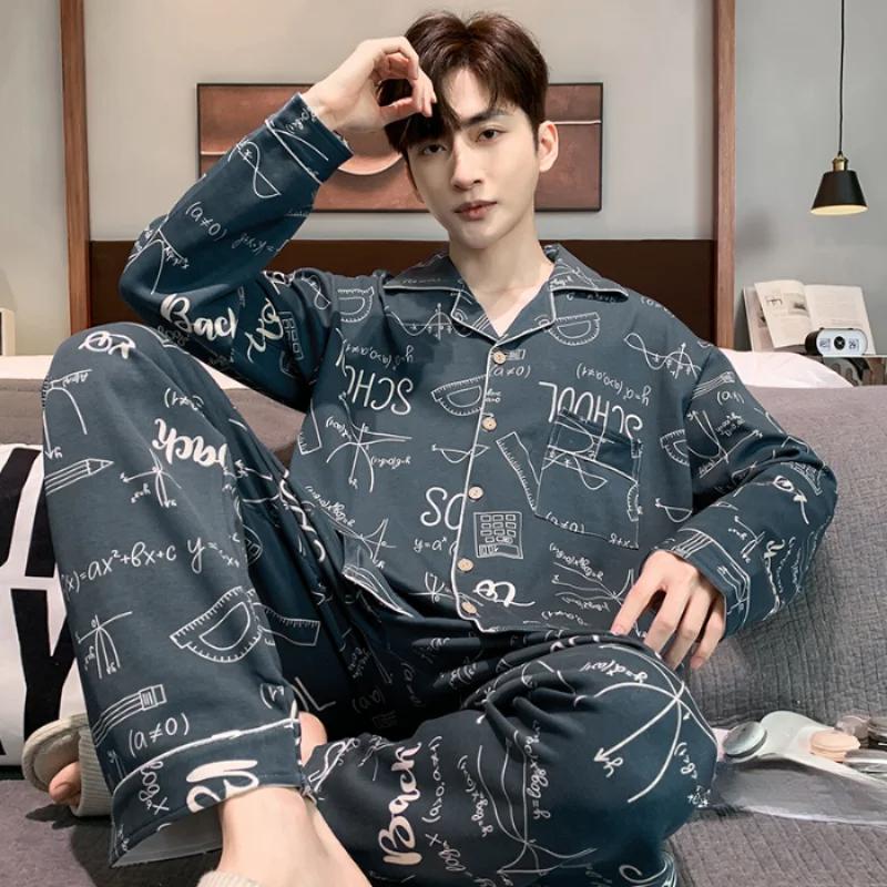 Plus Size Faux Cotton Print Men's Pajamas Korean Ins Autumn Y2k Male Nightwear