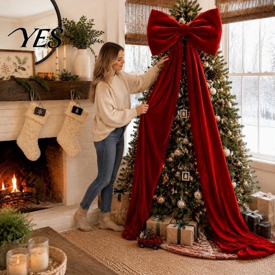 Winter Wedding Celebration Decor Large Velvet Christmas Tree Topper Bow, Giant Bow with Long Red Bows for Fireplace Streamers Room Wall Backdrop,
