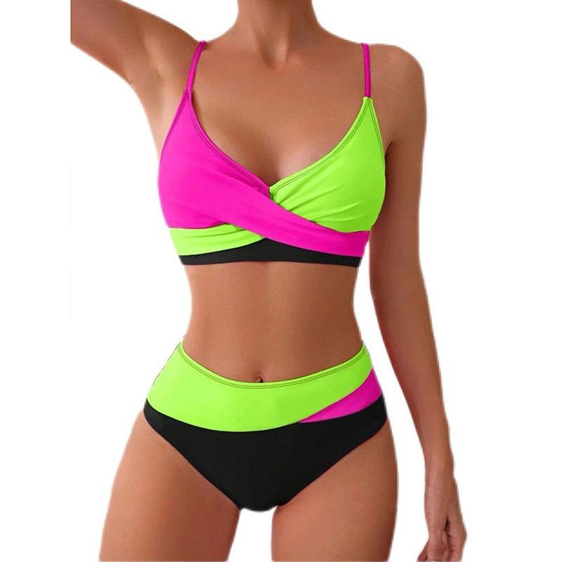 Women's Color Block Cross-Front V-Neck High Waist Two-Piece Bikini Swimsuit