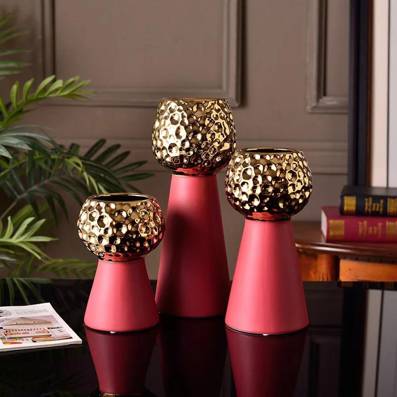 Gold-plated Hammer Pattern Ceramic Vase Creative Plant Pots Table Decoration Flower Arrangement Floral Vase Room Aesthetic Decor