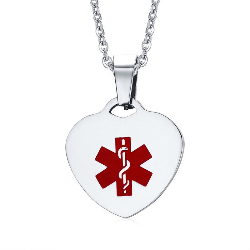 Vnox Custom Engrave Heart Shape Medical Alert ID Pendant Necklaces for Women 20 Inches Chain